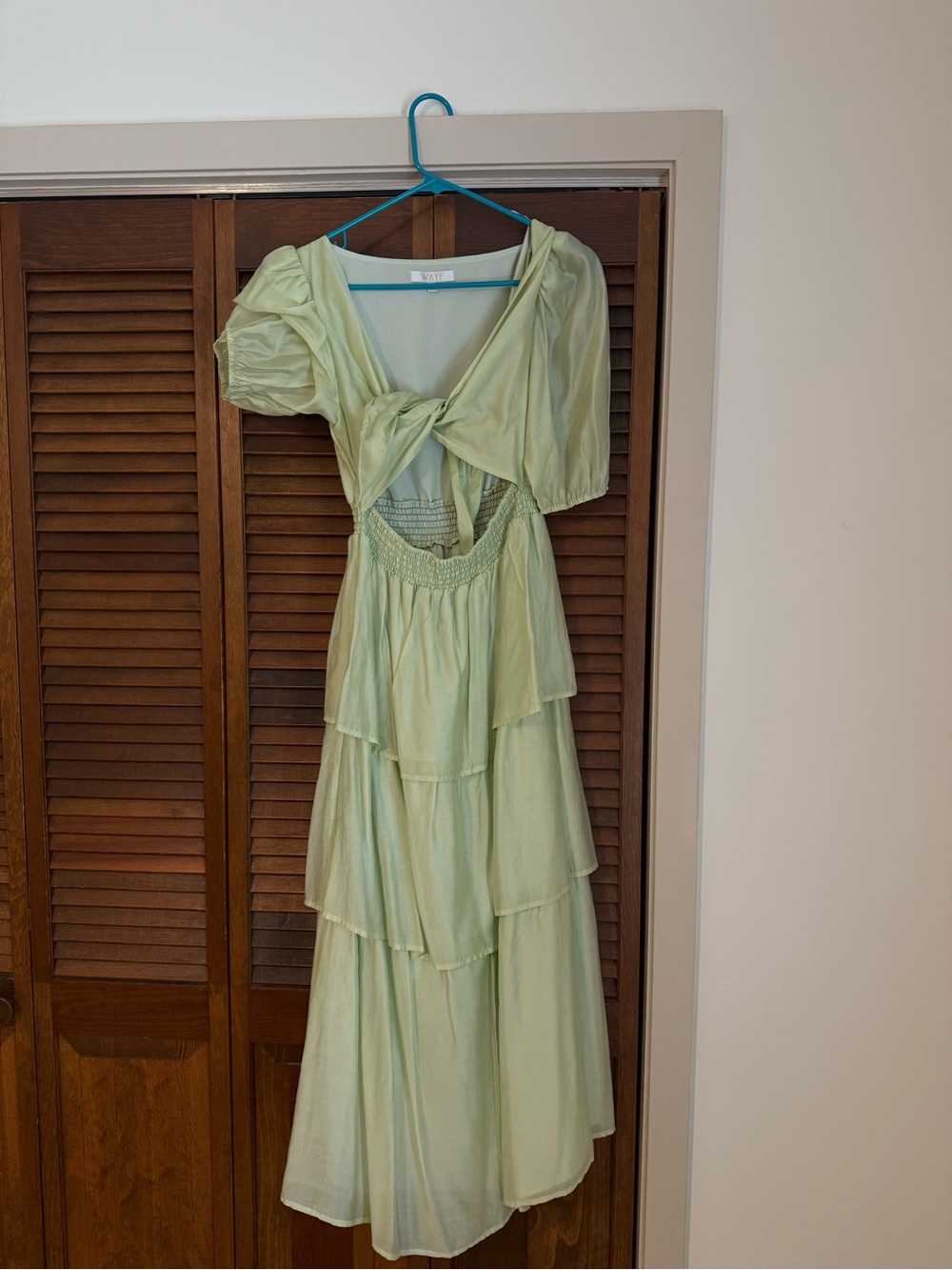 Wayf Light Green Tiered Midi Dress with Tie-Front Bodice